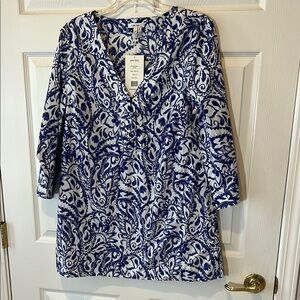 NWT Tyler Boe Blue & White Paisley Women's Tunic Top, Sz 14